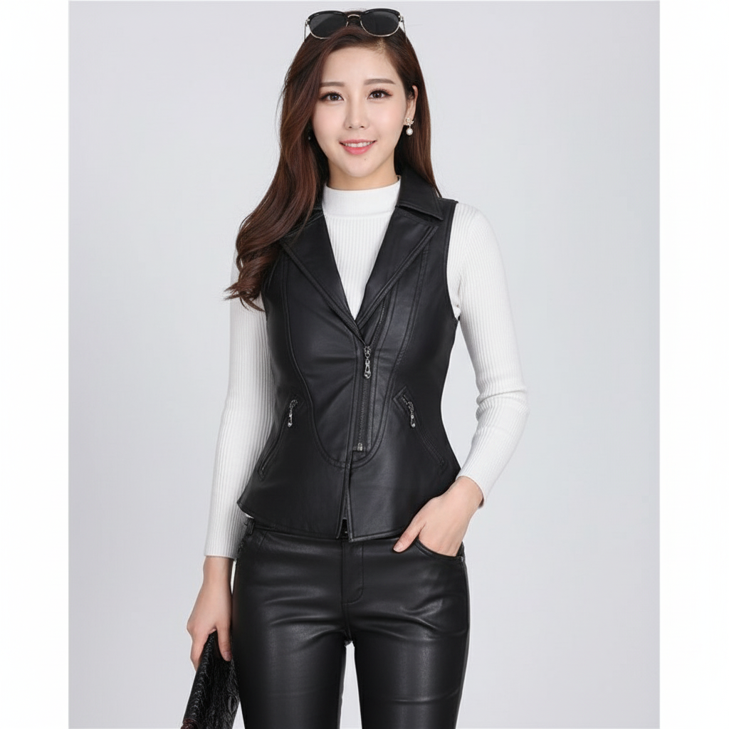 Women's black leather utility vest with a collar, button-front, and two flap chest pockets.